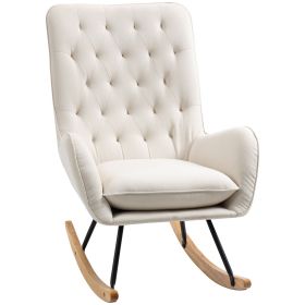 Mid-Century Fabric Rocking Chair Sofa Armchair Tufted Rocker Wingback Accent Chair with Rubber Wood Base for Home Studio, Cream White