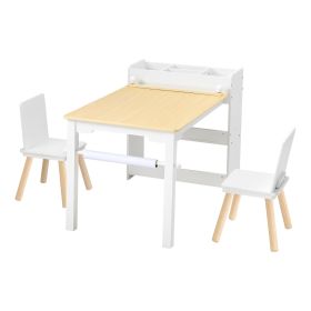 Kids Art Table and Chair Set, Toddler Craft Table with 3 Tiers Storage Cabinet, Wooden Kids Activity Play Desk with 2 Chairs