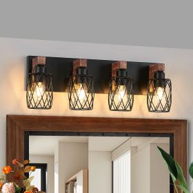 24" Industrial Vintage 4-Light Wall Sconce - Black Cage Wall Lighting Fixture with Wooden Accents for Bathroom, Hallway