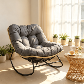 Outdoor Papasan Rocking Chair Thick Cushioned Seat Patio Furniture Swivel Chaise Lounger with Stand for Backyard Garden