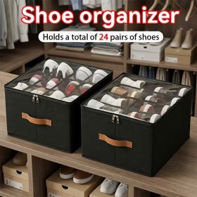 2 Pack Stackable Shoe Storage Boxes, Foldable Shoe Organizer Bins with Clear Lid and Reinforced Handles, Large Closet Storage for Boots