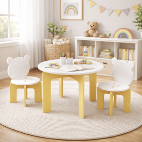 Kids Table and Chair Set, 3-Piece Toddler Table with 2 Chairs, Cute Bear-Back Chairs, Sturdy Wooden Activity Table Set for Kids, Playroom, Bedroo