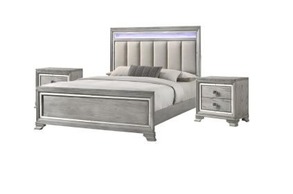 Modern King Size Panel Bed Nightstand 3pc Set Integrated Led Lighting Tufted Headboard Wood Grain Soft Gray Finish Wooden Solid Wood Furniture