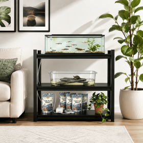 3-Tier Adjustable Height Metal Storage Shelving Unit, Large Capacity Black Multipurpose Organizer Rack, Reptile & Pet Display Stand