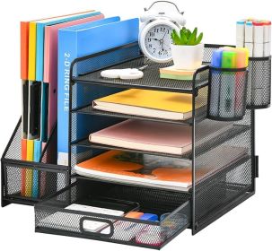 Desk Organizer with File Holder, 5-Tier Paper Letter Tray Organizer with Drawer and 2 Pen Holder