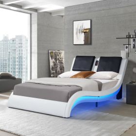 Faux Leather Upholstered Platform Bed Frame with led lighting; Bluetooth connection to play music  RGB control; Backrest vibration massage; Curve