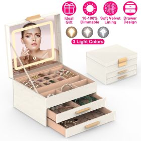 Jewelry Box with LED Mirror 3-Layer Jewelry Organizer with 2 Drawers PU Jewelry Holder with 3 Mirror Light Colors Dimmable for Earrings Rings Bra