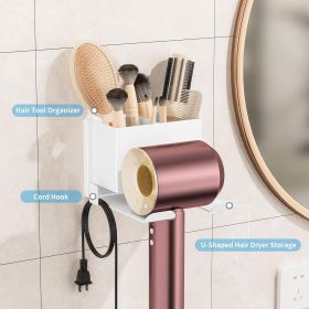 Hair Dryer Holder Wall Mounted, Metal Hair Dryer Holder for Bathroom, Blow Dryer Holder with Plug Cord Organizer (Color: White)