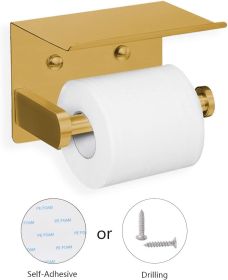 Self Adhesive Toilet Paper Holder with Phone Shelf Stainless Steel Wall Mounted Toilet Paper Roll Holder - Rustproof and Bathroom Washroom Tissue (Color: Gold)