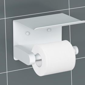 Self Adhesive Toilet Paper Holder with Phone Shelf Stainless Steel Wall Mounted Toilet Paper Roll Holder - Rustproof and Bathroom Washroom Tissue (Color: White)