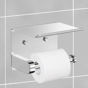 Self Adhesive Toilet Paper Holder with Phone Shelf Stainless Steel Wall Mounted Toilet Paper Roll Holder - Rustproof and Bathroom Washroom Tissue (Color: Bright Surface)