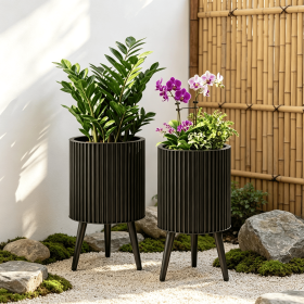 Set of 2 Decorative Flower Pots with Stand And Drainage Holes - Indoor Outdoor Plant Pots with Stand for Home Decor (Color: Black)