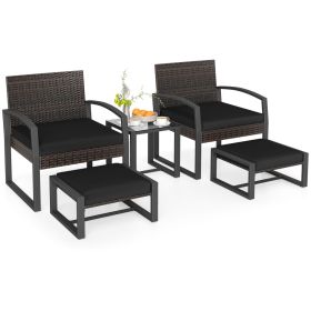 5-Piece Patio Conversation Set with 2 Ottomans and Tempered Glass Side Table (Color: Black)