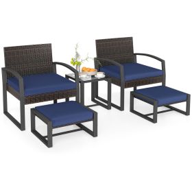 5-Piece Patio Conversation Set with 2 Ottomans and Tempered Glass Side Table (Color: Navy)