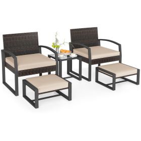5-Piece Patio Conversation Set with 2 Ottomans and Tempered Glass Side Table (Color: Beige)