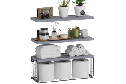 Bathroom Shelf Over Toilet, Floating Bathroom Shelf Wall Mounted with Wire Basket, Floating Shelf for Wall Décor (Color: GREY)
