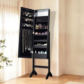 Mirrored Standing Jewelry Armoire Cabinet with LED Lights (Color: Black)
