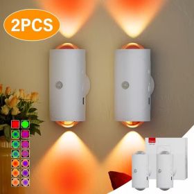Rechargeable Motion Sensor Night Light, Magnetic LED Wall Light With RGB Color Changing & 3000K Warm Light, Wireless Battery Powered Stick-On Lig (Option: 2pcs)